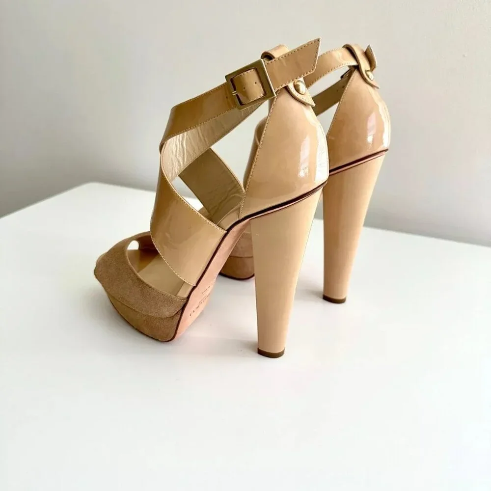 JIMMY CHOO Patent Leather Suede Platform Ankle Strap Sandals in Nude Size US 9